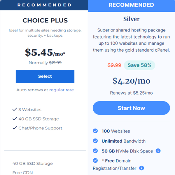 Bluehost Choice Plus Plan vs Verpex Silver Plan