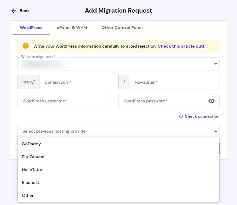 hostinger free website migration request panel