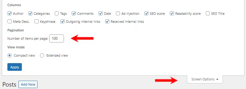 screen options for posts in wordpress